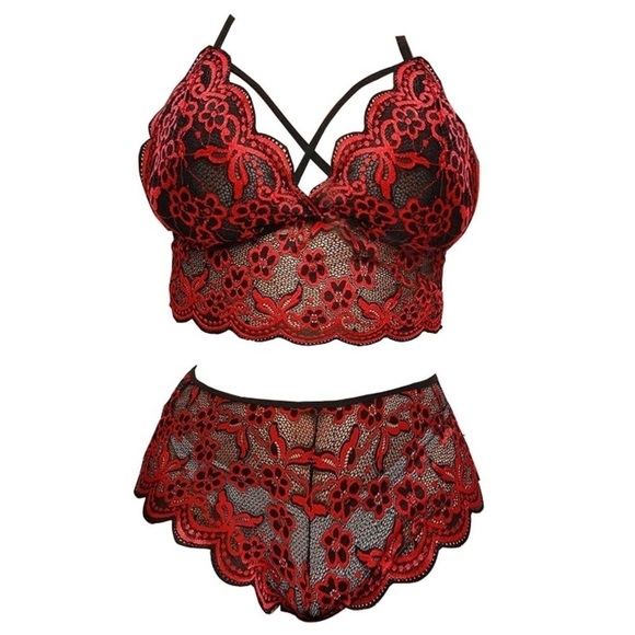 NWT 2pc Sexy Lace Bralette Bra Cheeky Panty Set 2XL Black Red - Picture 3 of 4